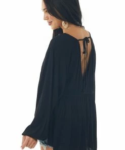 Umgee Black Drop Waist Top With Tied Back And Bubble Sleeves Tops 11 Umgee Black Drop Waist Top With Tied Back And Bubble Sleeves Tops
