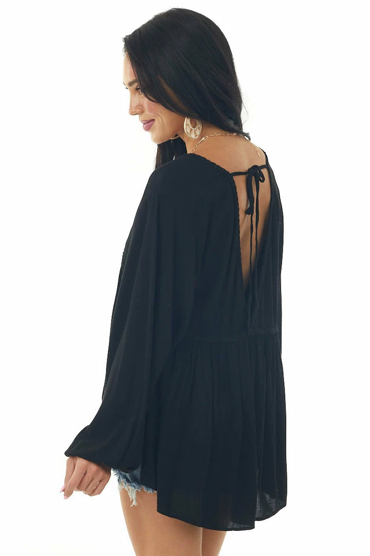 Umgee Black Drop Waist Top With Tied Back And Bubble Sleeves Tops 6 Umgee Black Drop Waist Top With Tied Back And Bubble Sleeves Tops