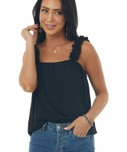 Lush Clothing Black Elastic Ruffle Strap Square Neck Blouse