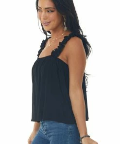 Lush Clothing Black Elastic Ruffle Strap Square Neck Blouse