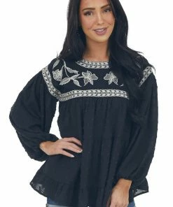 Entro Black Embroidered Yoke Swiss Dot Top Tops