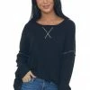 Now N Forever Tops Black Exposed Seam Ribbed Waffle Knit Top