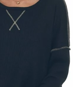 Now N Forever Tops Black Exposed Seam Ribbed Waffle Knit Top