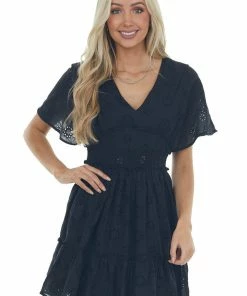 Entro Dresses Black Eyelet Lace Smocked Waist Mini Dress