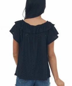 HESED Black Eyelet Off The Shoulder Flowy Knit Top
