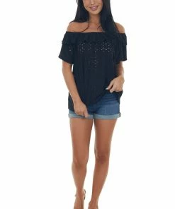 HESED Black Eyelet Off The Shoulder Flowy Knit Top