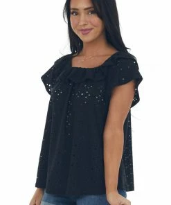 HESED Black Eyelet Off The Shoulder Flowy Knit Top