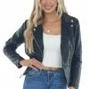 Coalition Black Faux Leather Lapel Collared Moto Jacket