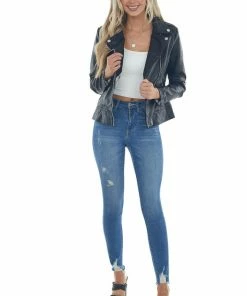 Coalition Black Faux Leather Lapel Collared Moto Jacket