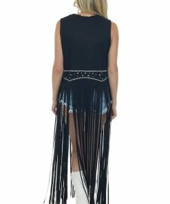 BiBi Night Out Black Faux Suede Studded Long Fringe Vest 12 BiBi Night Out Black Faux Suede Studded Long Fringe Vest