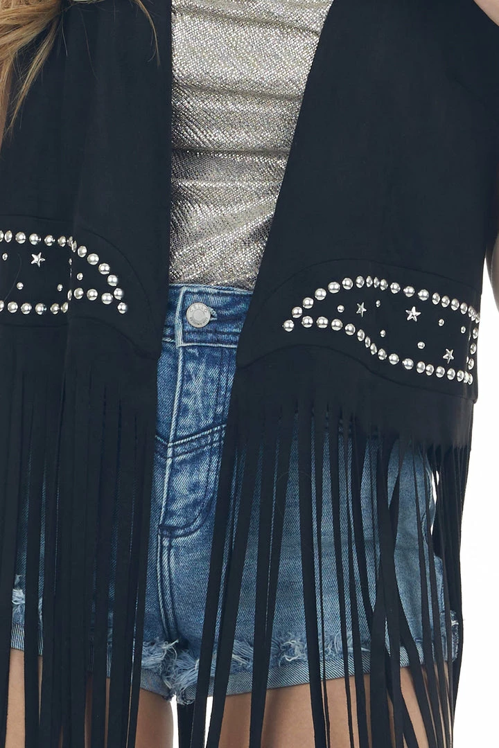 BiBi Night Out Black Faux Suede Studded Long Fringe Vest 8 BiBi Night Out Black Faux Suede Studded Long Fringe Vest
