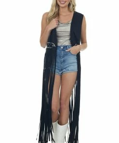 BiBi Night Out Black Faux Suede Studded Long Fringe Vest 10 BiBi Night Out Black Faux Suede Studded Long Fringe Vest
