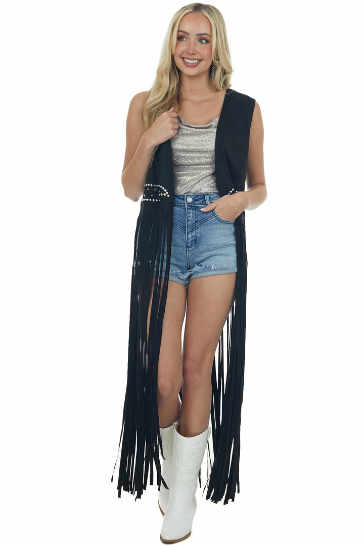 BiBi Night Out Black Faux Suede Studded Long Fringe Vest 5 BiBi Night Out Black Faux Suede Studded Long Fringe Vest