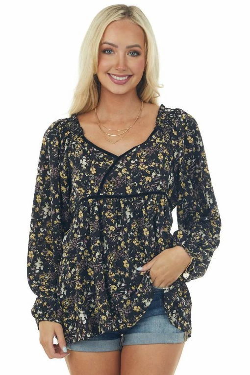 Umgee Black Floral Babydoll Velvet Trim Blouse 13 Umgee Black Floral Babydoll Velvet Trim Blouse