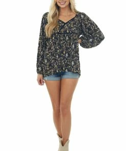 Umgee Black Floral Babydoll Velvet Trim Blouse