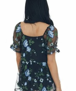 SugarFox Black Floral Embroidered Mesh Babydoll Blouse Tops 16 SugarFox Black Floral Embroidered Mesh Babydoll Blouse Tops