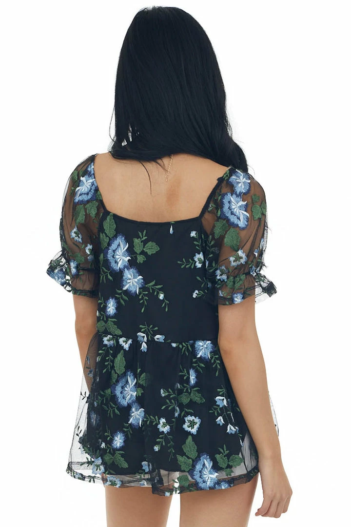 SugarFox Black Floral Embroidered Mesh Babydoll Blouse Tops 9 SugarFox Black Floral Embroidered Mesh Babydoll Blouse Tops