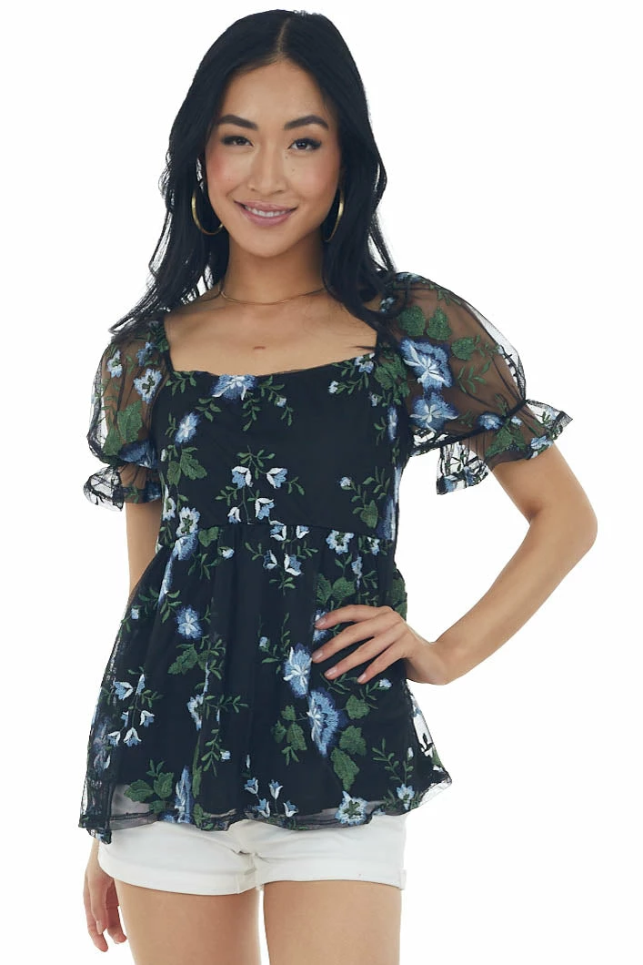 SugarFox Black Floral Embroidered Mesh Babydoll Blouse Tops 5 SugarFox Black Floral Embroidered Mesh Babydoll Blouse Tops