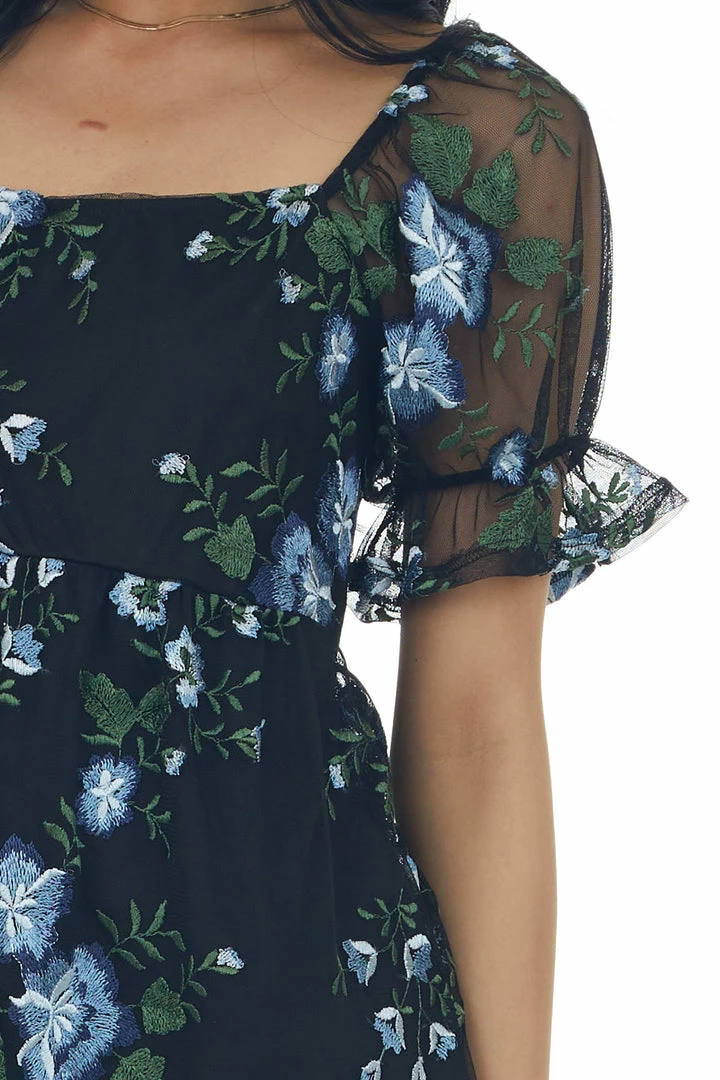 SugarFox Black Floral Embroidered Mesh Babydoll Blouse Tops 10 SugarFox Black Floral Embroidered Mesh Babydoll Blouse Tops