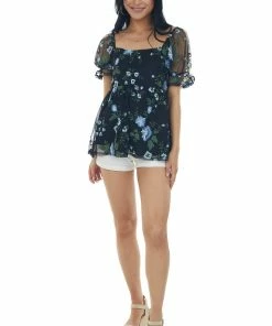 SugarFox Black Floral Embroidered Mesh Babydoll Blouse Tops 13 SugarFox Black Floral Embroidered Mesh Babydoll Blouse Tops
