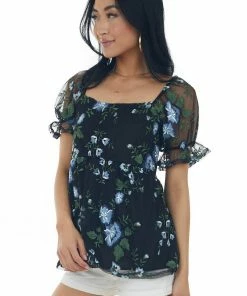 SugarFox Black Floral Embroidered Mesh Babydoll Blouse Tops 15 SugarFox Black Floral Embroidered Mesh Babydoll Blouse Tops