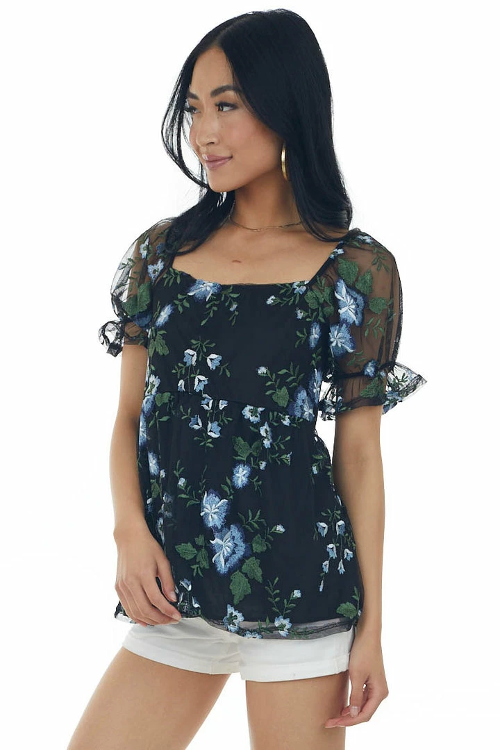 SugarFox Black Floral Embroidered Mesh Babydoll Blouse Tops 8 SugarFox Black Floral Embroidered Mesh Babydoll Blouse Tops