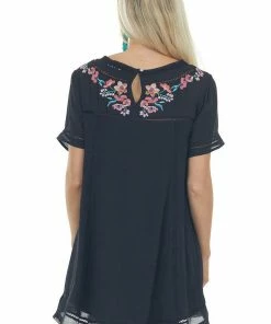 Umgee Black Floral Embroidered Short Shift Dress Dresses