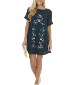 Umgee Black Floral Embroidered Short Shift Dress Dresses