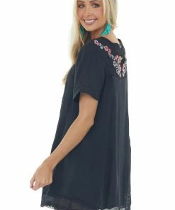 Umgee Black Floral Embroidered Short Shift Dress Dresses