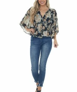 Entro Black Floral Flare Sleeve V Neck Babydoll Top Tops