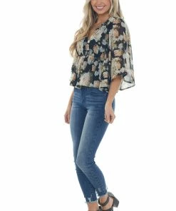 Entro Black Floral Flare Sleeve V Neck Babydoll Top Tops