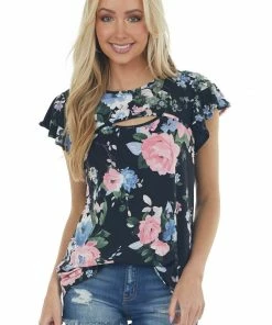 HEIMISH Black Floral Print Chest Cut Out Detail Top