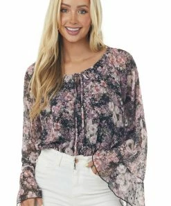 Peach Love Black Floral Print Long Bell Sleeve Bodysuit