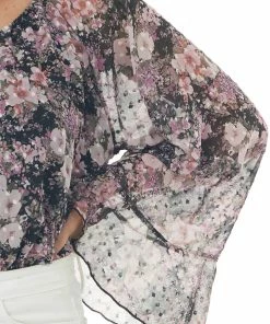 Peach Love Black Floral Print Long Bell Sleeve Bodysuit
