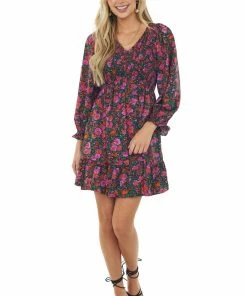 Jodifl Black Floral Print Long Sleeve Short Dress
