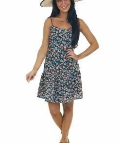 Umgee Black Floral Print Sleeveless Short Dress