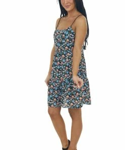 Umgee Black Floral Print Sleeveless Short Dress