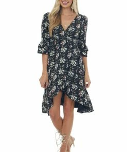 Sweet Lemon Black Floral Print Woven High Low Wrap Dress