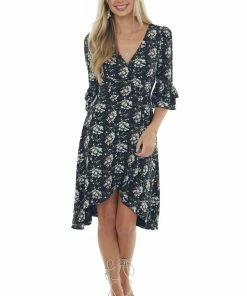 Sweet Lemon Black Floral Print Woven High Low Wrap Dress