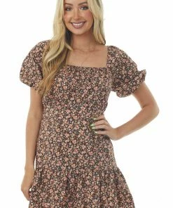 Lush Clothing Dresses Black Floral Puff Sleeve Square Neck Mini Dress