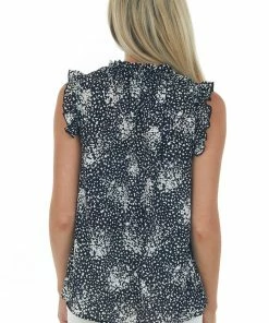 Ces Femme Tops Black Floral Sleeveless Frilled Top