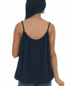 Ces Femme Tops Black Flowy Tank Top With Gathered Neckline