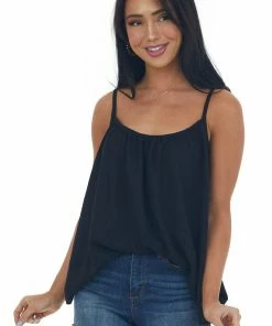 Ces Femme Tops Black Flowy Tank Top With Gathered Neckline