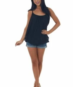 Ces Femme Tops Black Flowy Tank Top With Gathered Neckline