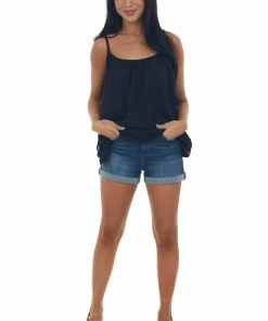 Ces Femme Tops Black Flowy Tank Top With Gathered Neckline