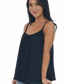 Ces Femme Tops Black Flowy Tank Top With Gathered Neckline