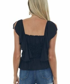 Davi & Dani Tops Black Flutter Sleeve Ruched Square Neck Blouse 12 Davi & Dani Tops Black Flutter Sleeve Ruched Square Neck Blouse