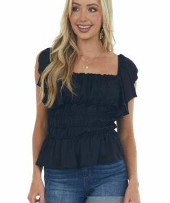 Davi & Dani Tops Black Flutter Sleeve Ruched Square Neck Blouse