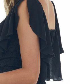 Davi & Dani Tops Black Flutter Sleeve Ruched Square Neck Blouse 13 Davi & Dani Tops Black Flutter Sleeve Ruched Square Neck Blouse
