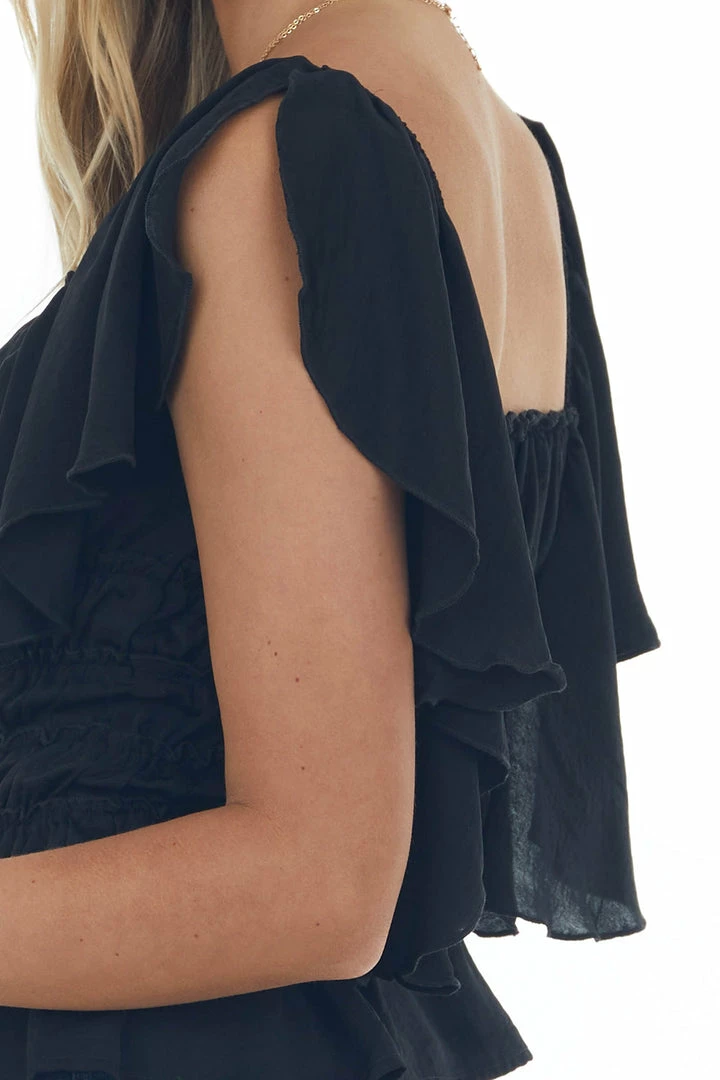 Davi & Dani Tops Black Flutter Sleeve Ruched Square Neck Blouse 8 Davi & Dani Tops Black Flutter Sleeve Ruched Square Neck Blouse